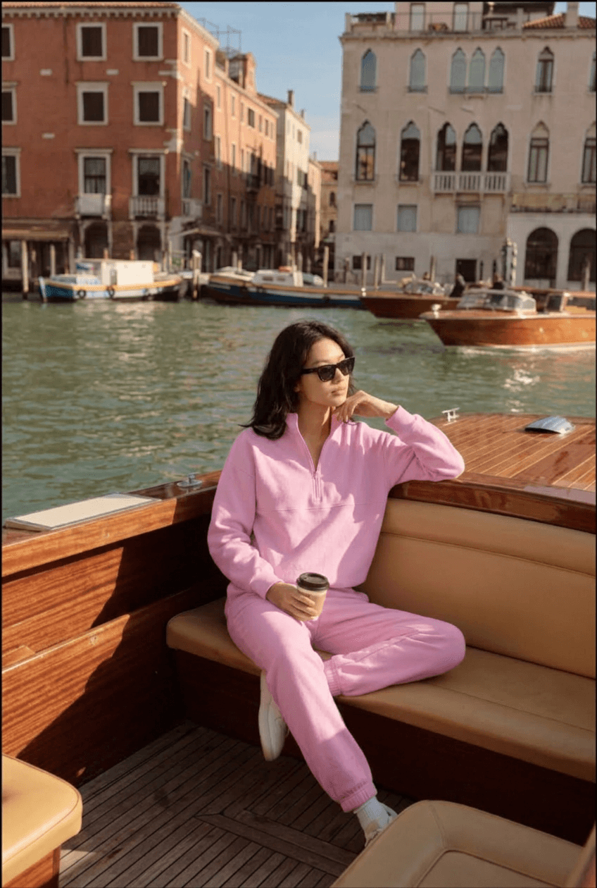 Vyroona Soho half-zip set in pink — lifestyle editorial shot.